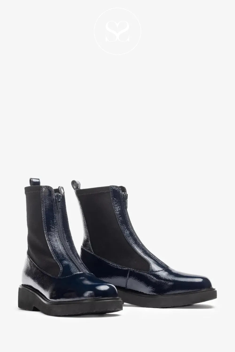 UNISA NAVY PATENT FOGGIA ANKLE BOOTS FOR WOMEN WITH PLATFORM SOLE AND BLOCK HEEL
