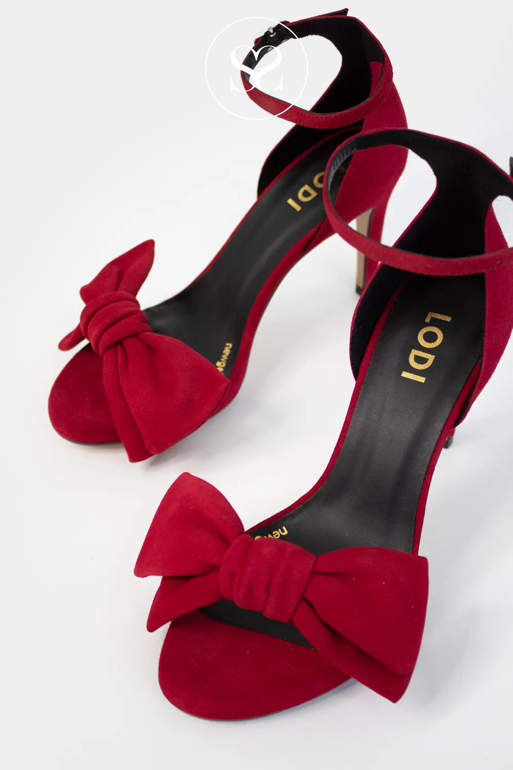 LODI RED SUEDE HIGH BLOCK HEEL BOW DETAIL ANKLE STRAP SANDALS INGAL