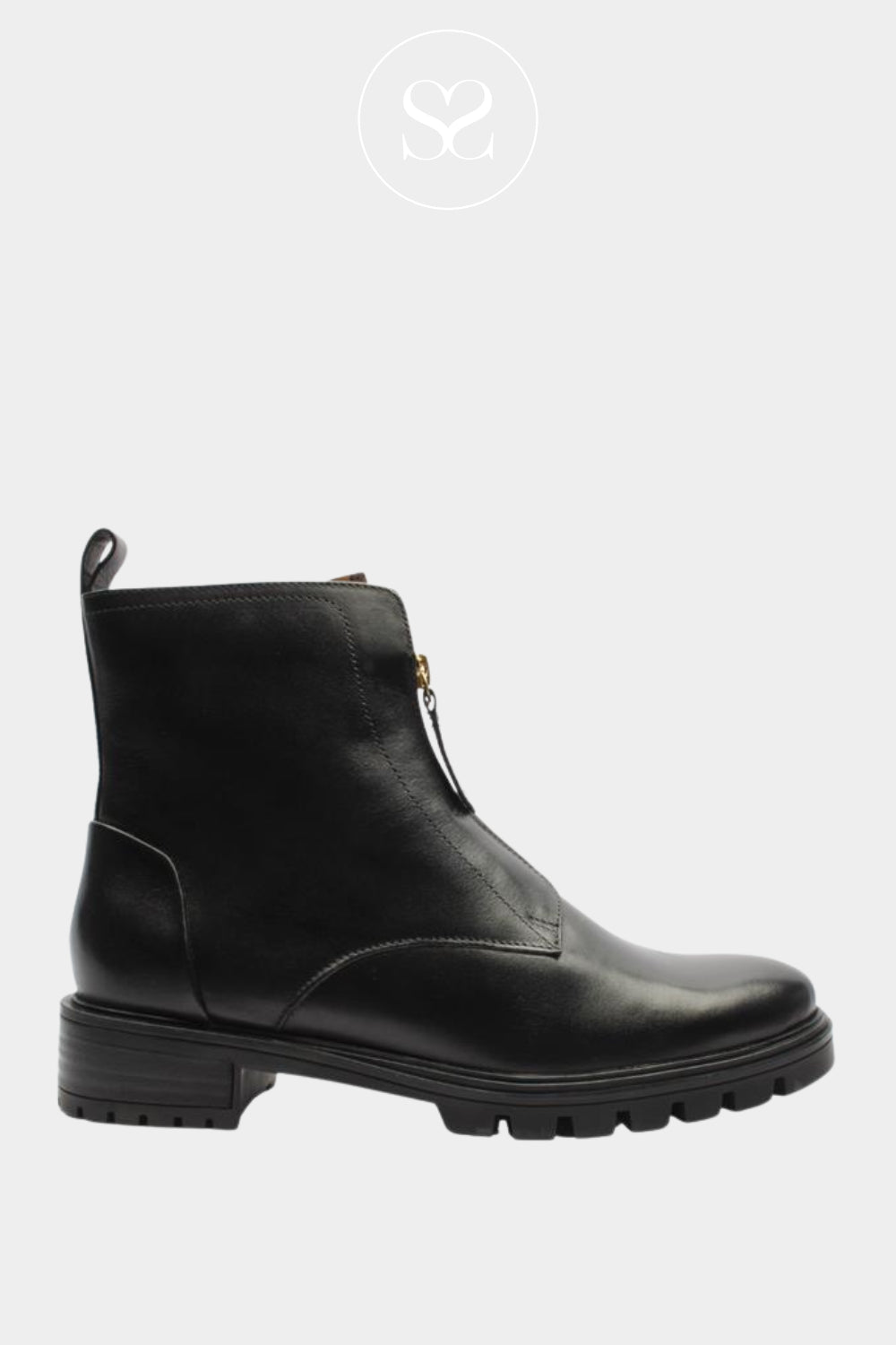 ARA BLACK LEATHER FRONT ZIP ANKLE BOOTS 12-29520