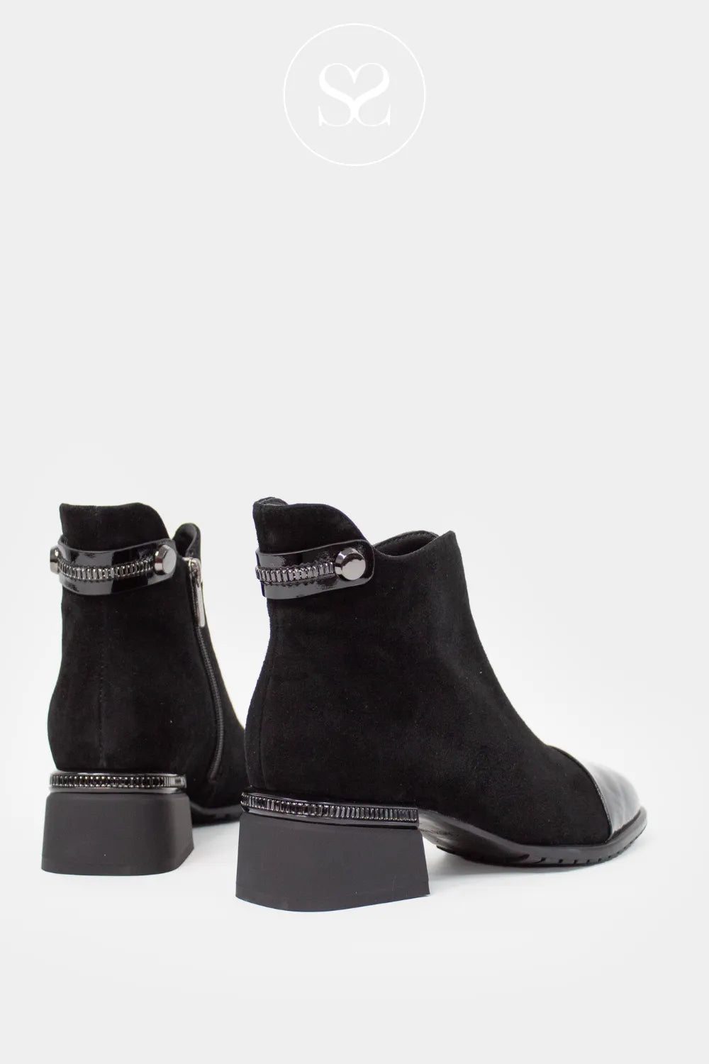 LORETTA VITALE BLACK SUEDE/PATENT BLOCK HEEL ANKLE BOOTS C3865A Chic detailing including subtle embellishment on the heel cap and rear buckle
