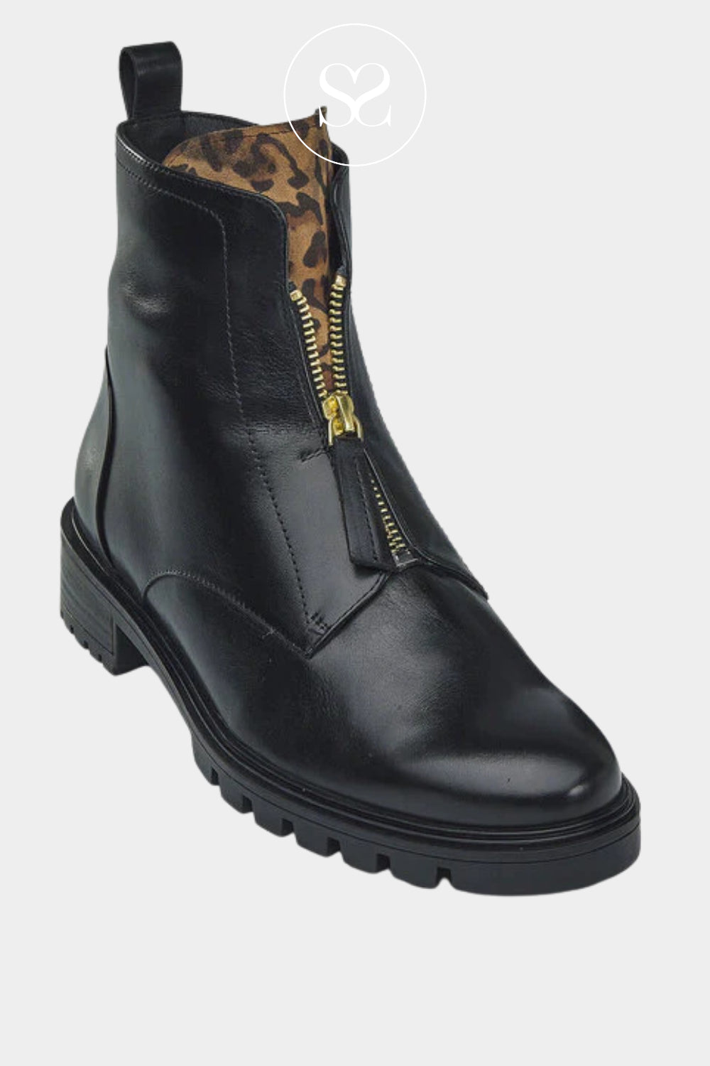Comfortable black leather ankle boots for women with front zip and leopard print detail from Ara boots in Ireland