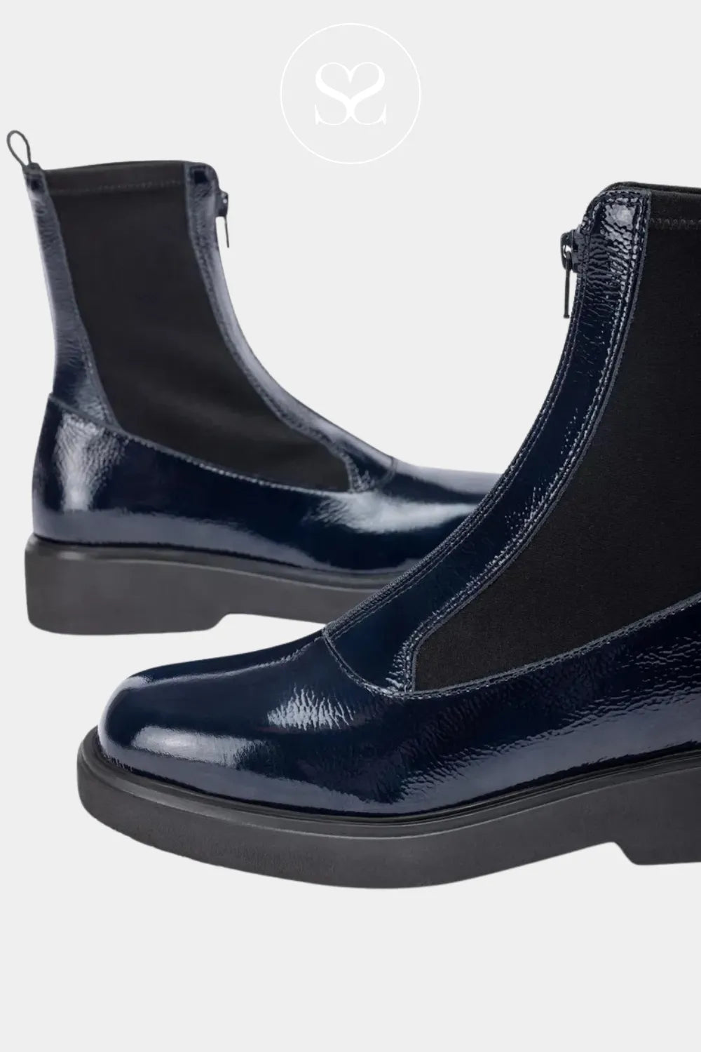 UNISA NAVY PATENT FOGGIA ANKLE BOOTS WITH BLACK PLATFORM SOLE AND SLIGHT BLOCK HEEL