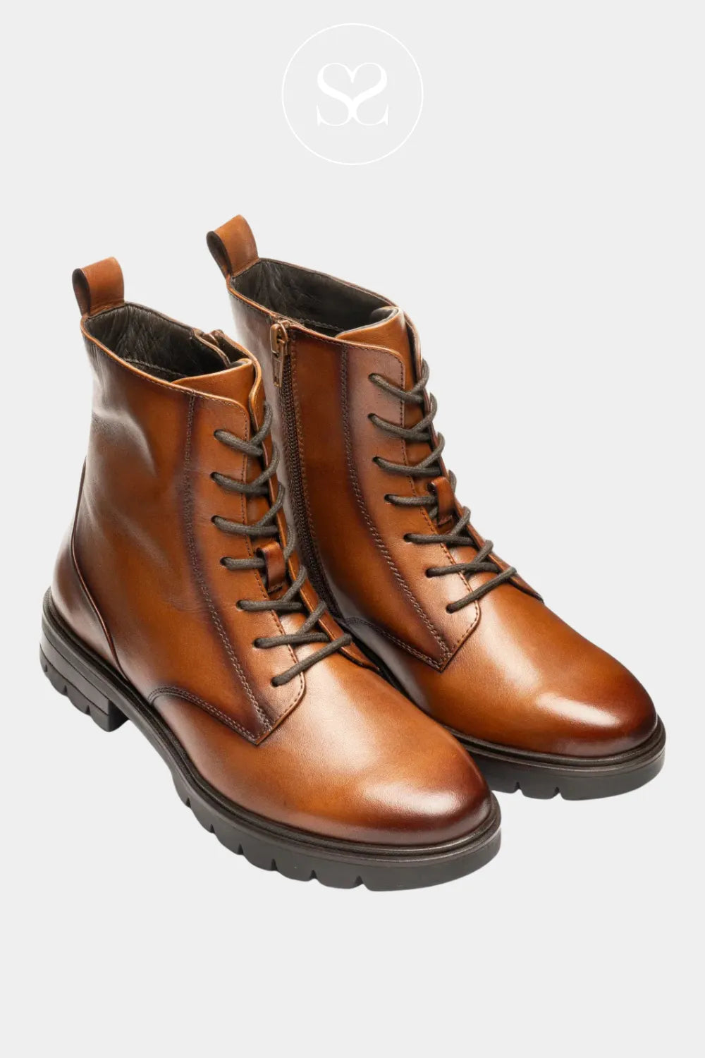 ARA BROWN LEATHER BLOCK HEEL LACE-UP ANKLE BOOTS 12-11260 WITH SOFT ROUNDED TOE