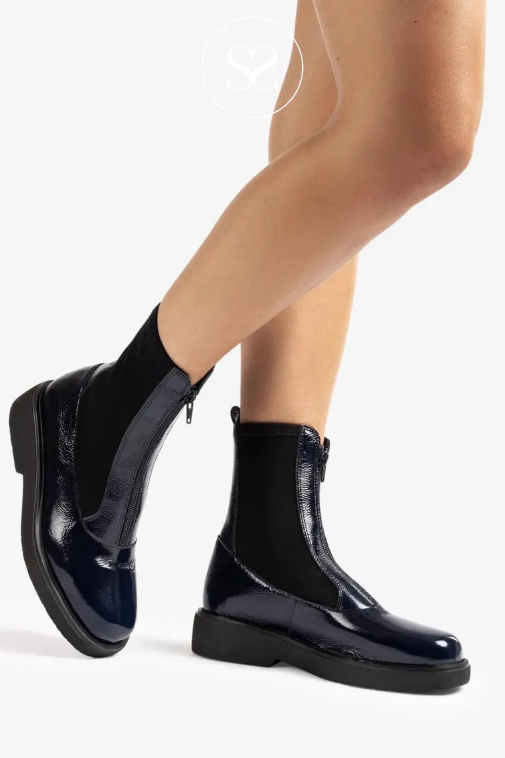 UNISA NAVY PATENT FOGGIA ANKLE BOOTS FOR WOMEN WITH ROUNDED TOE