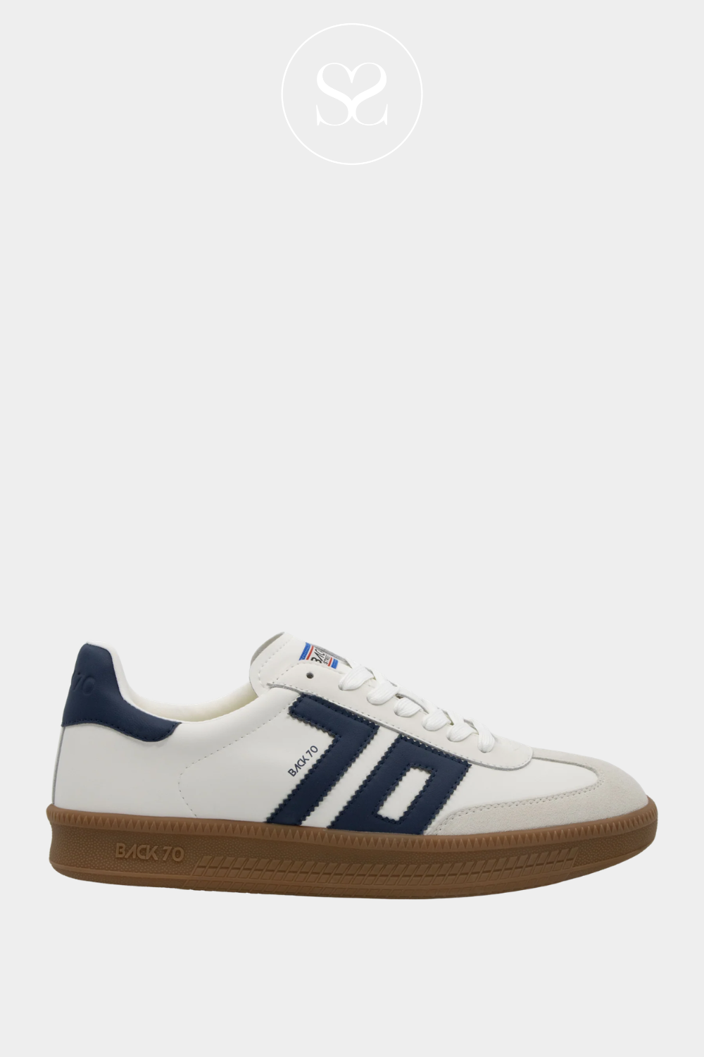 Back70 white flatform chunky trainers with navy "70" logo  and navy heel cap. Light grey toe cap. Round toe. Retro style trainers with laces and chunky gum sole.