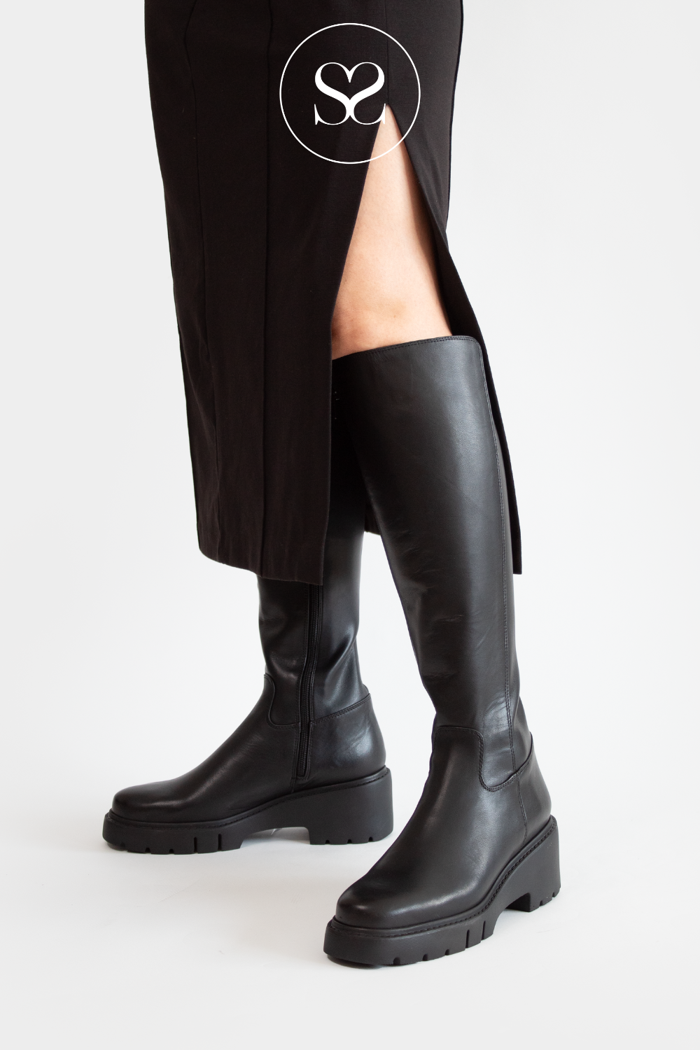 UNISA JACE BLACK LEATHER CHUNKY KNEE HIGH BOOTS