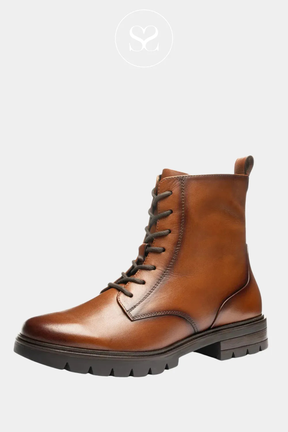 ARA BROWN LEATHER BLOCK HEEL LACE-UP ANKLE BOOTS 12-11260 FOR WOMEN WITH STITCH DETAILING