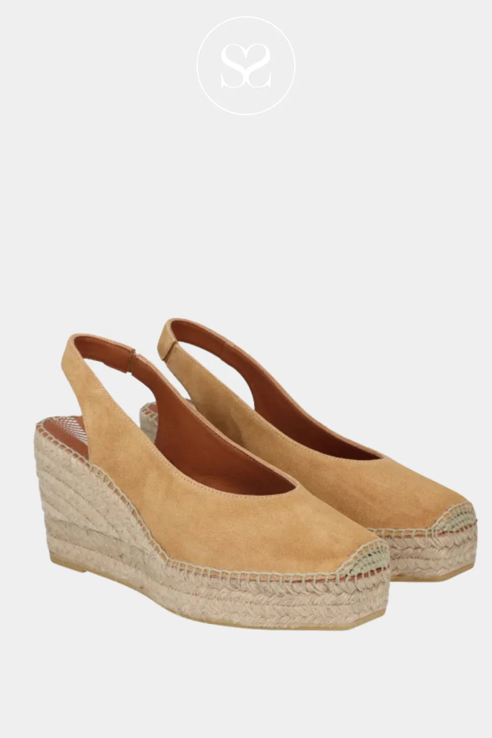 Camel wedge espadrille sandals. Square toe, elasticated slingback.