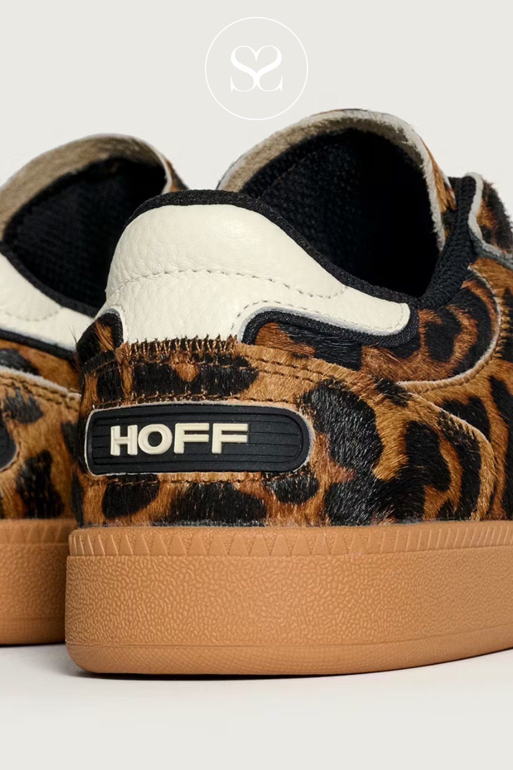 Leopard print sneakers with 'HOFF' logo on a white background