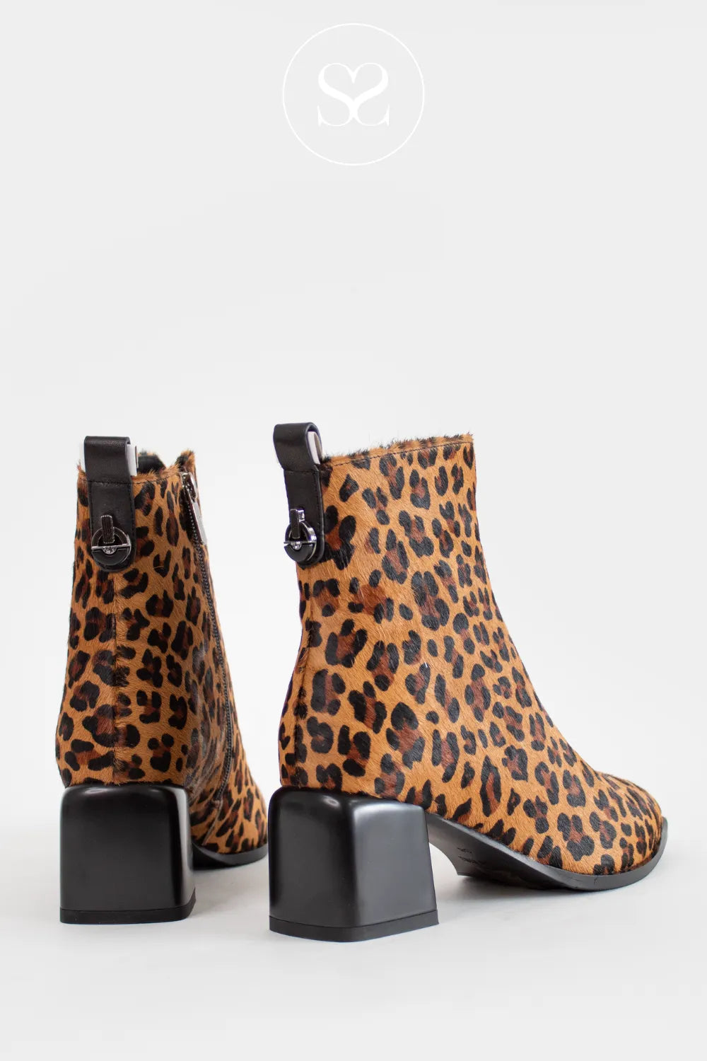 LORETTA VITALE LEOPARD BLOCK HEEL ANKLE BOOTS C9676 FOR WOMEN MADE FROM EATHER WITH PULL ON TAB DETAIL 