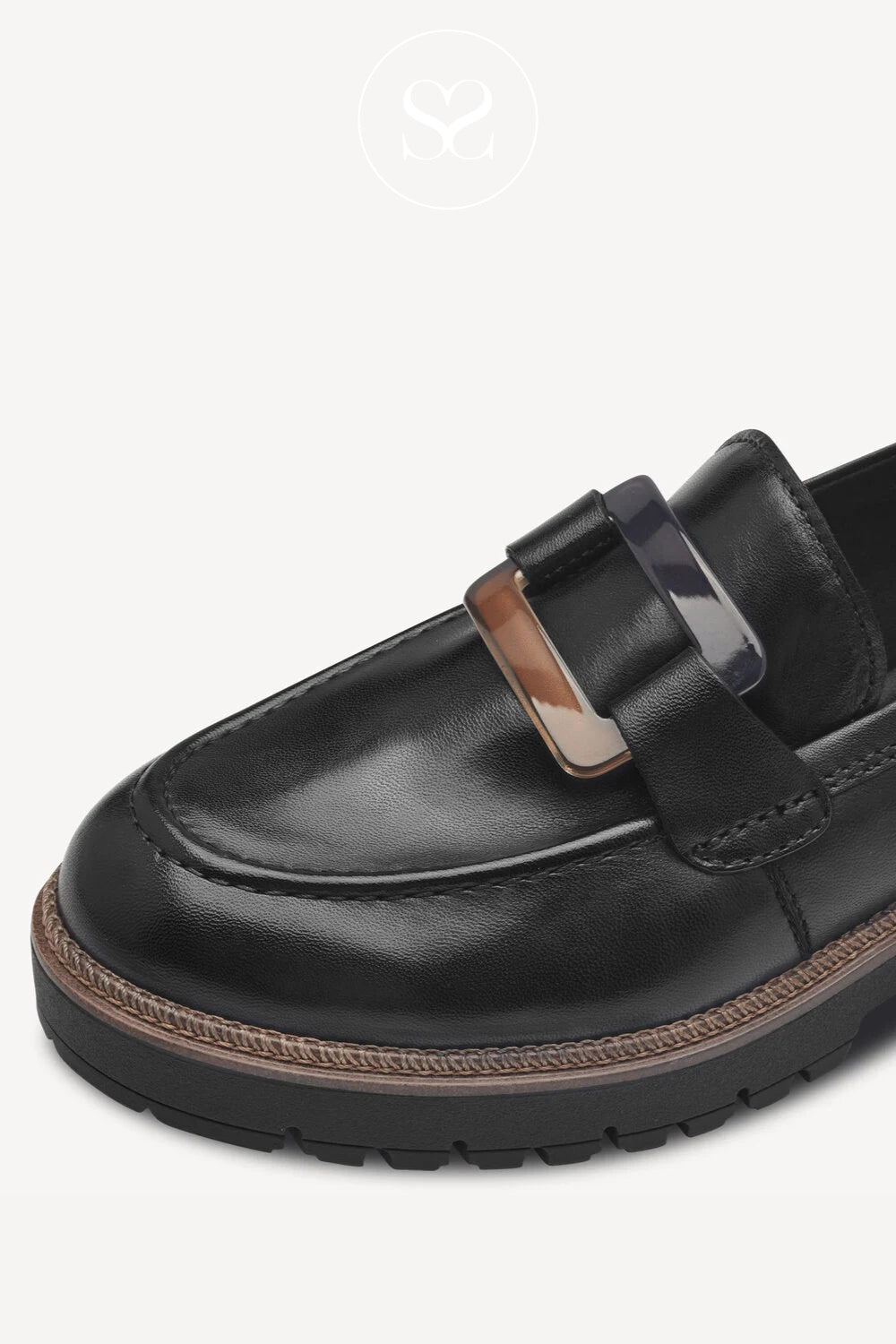 Tamaris Black Leather Chunky Loafers with a buckle design on the front