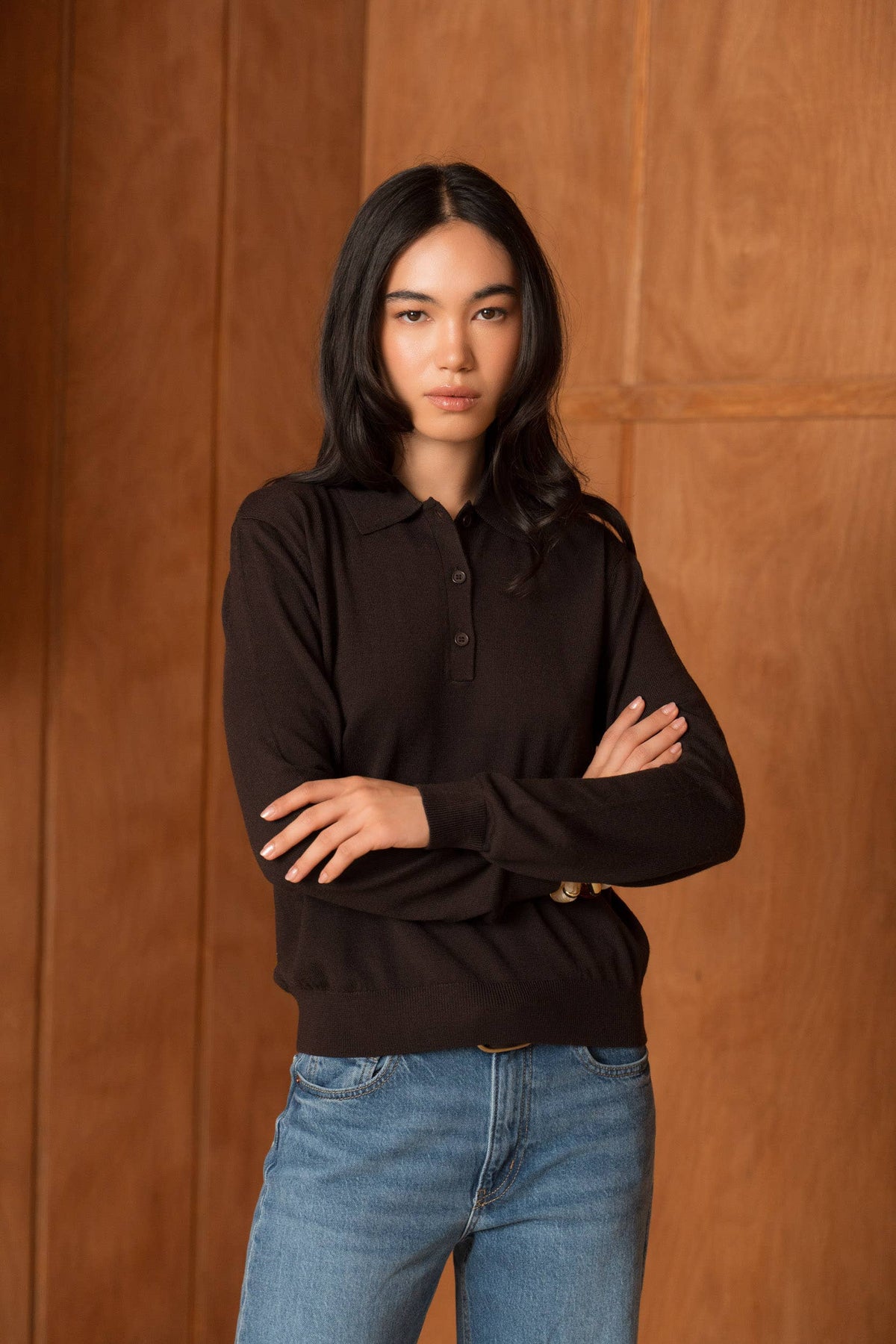 Brown Merino Wool Long Sleeve Polo - ME202616L