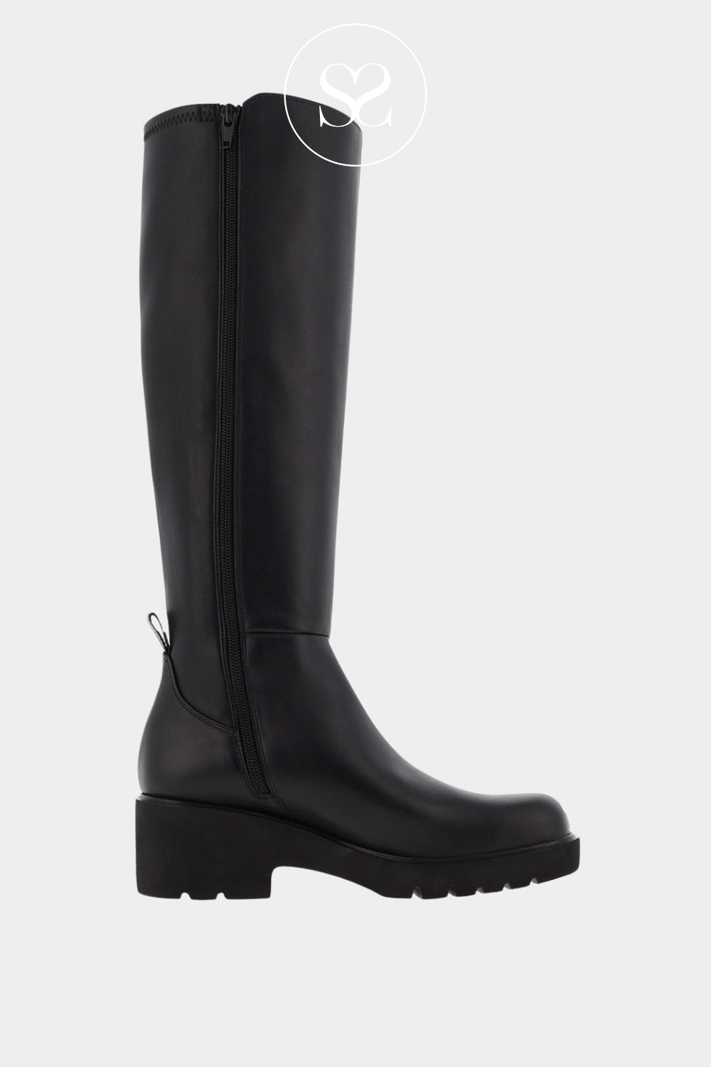Black knee-high boot on a white background