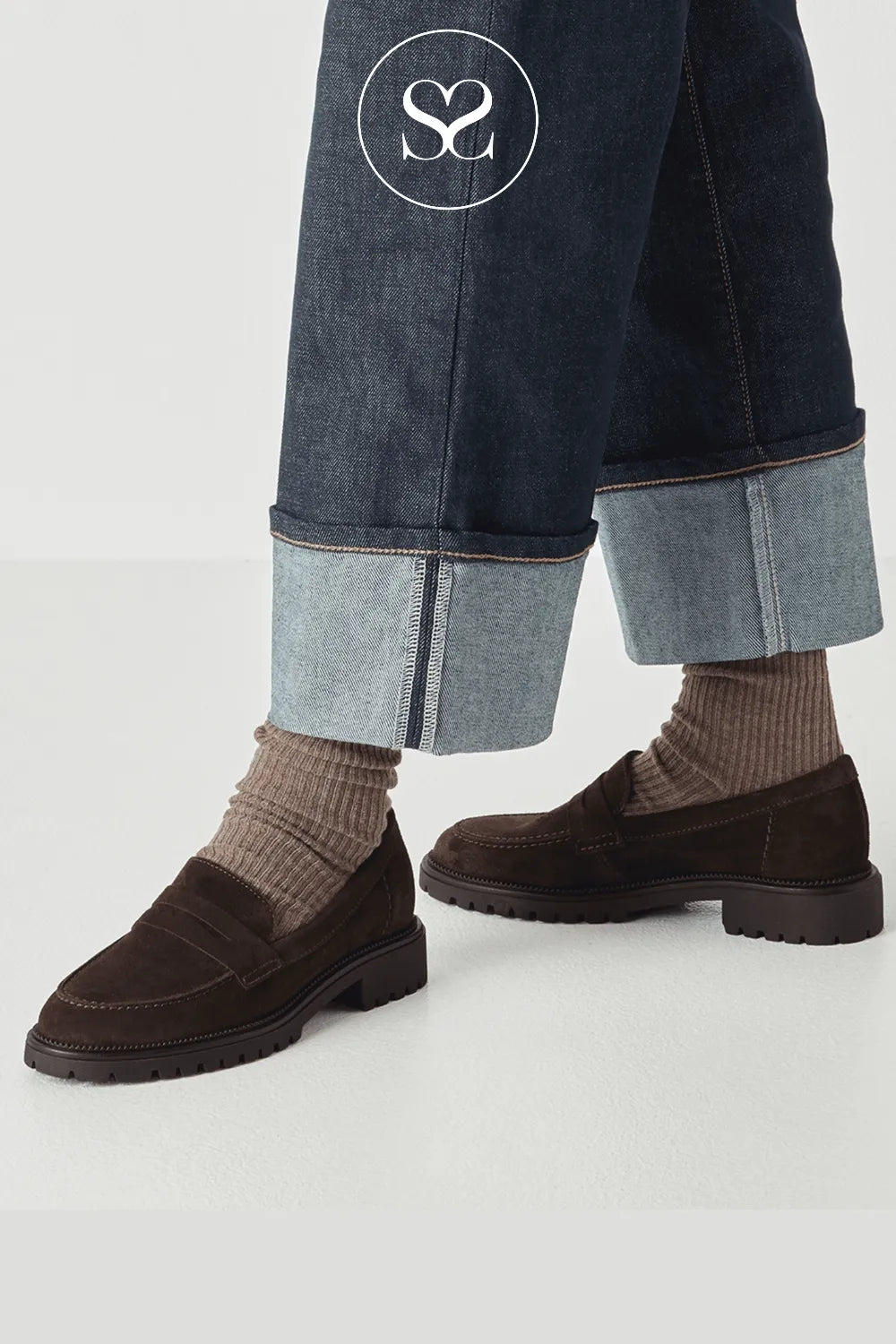Chocolate brown suede slip on style shoe. Chunky loafers. Smart caual, workwear.