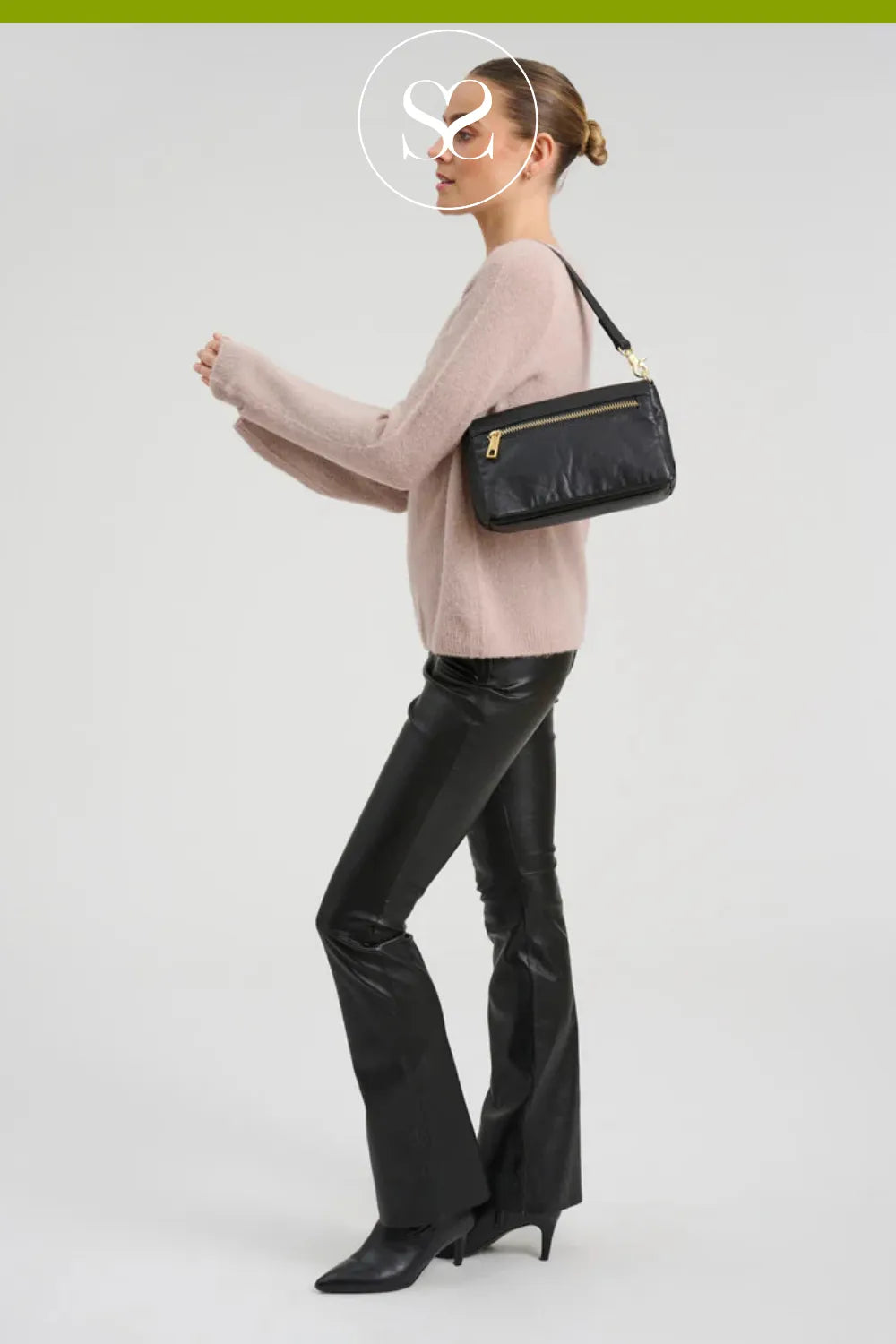 Depeche 17056 black leather crossbody bag with gold hardware and front zip and long strap
