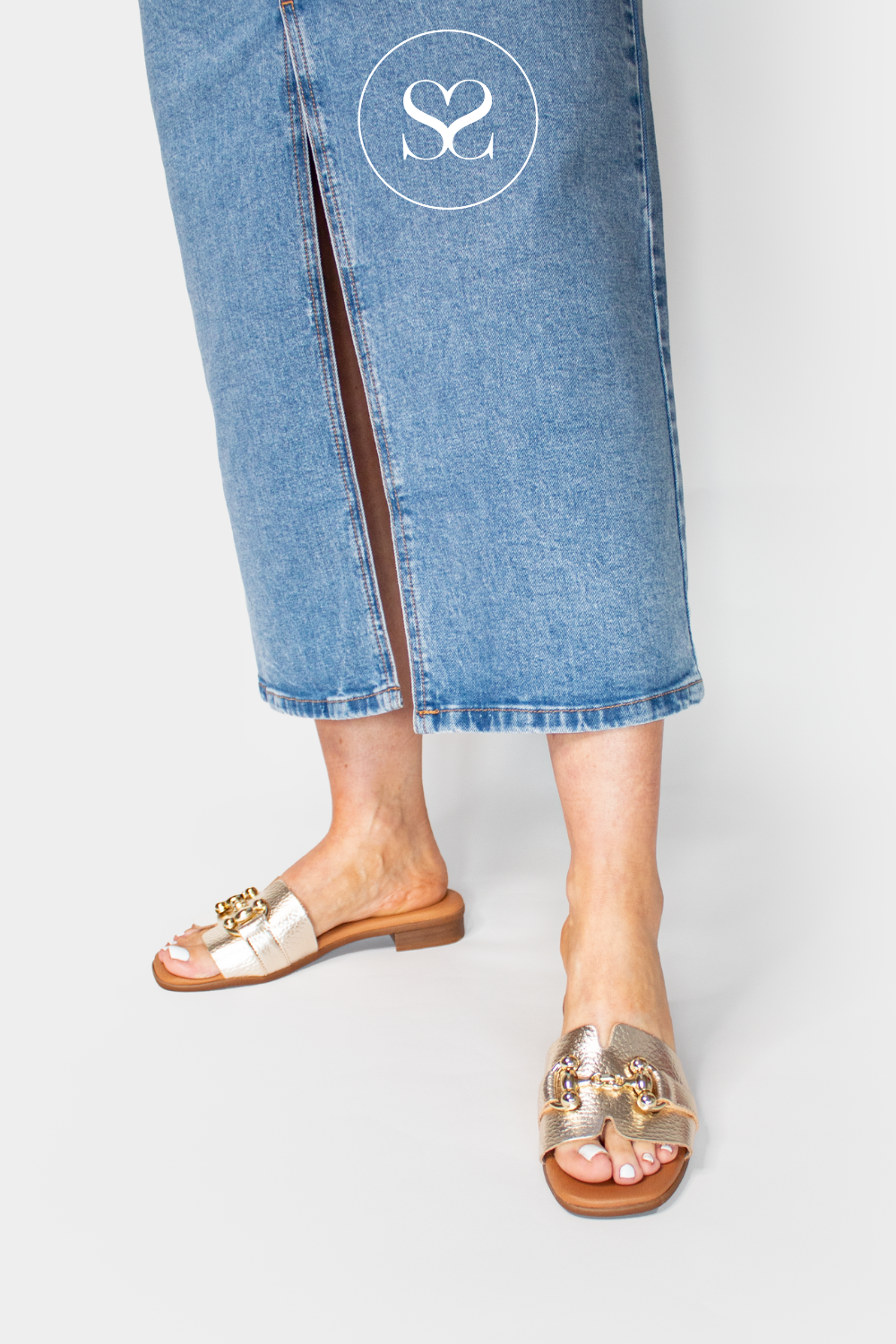 OH MY SANDALS BRONZE LOW HEEL FLAT SANDALS, METALLIC WITH GOLD CHAIN DETAIL