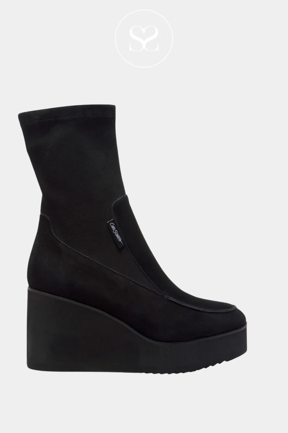 CARL SCARPA BLACK SUEDE PULL ON WEDGE SOCK BOOTS ORIGALA