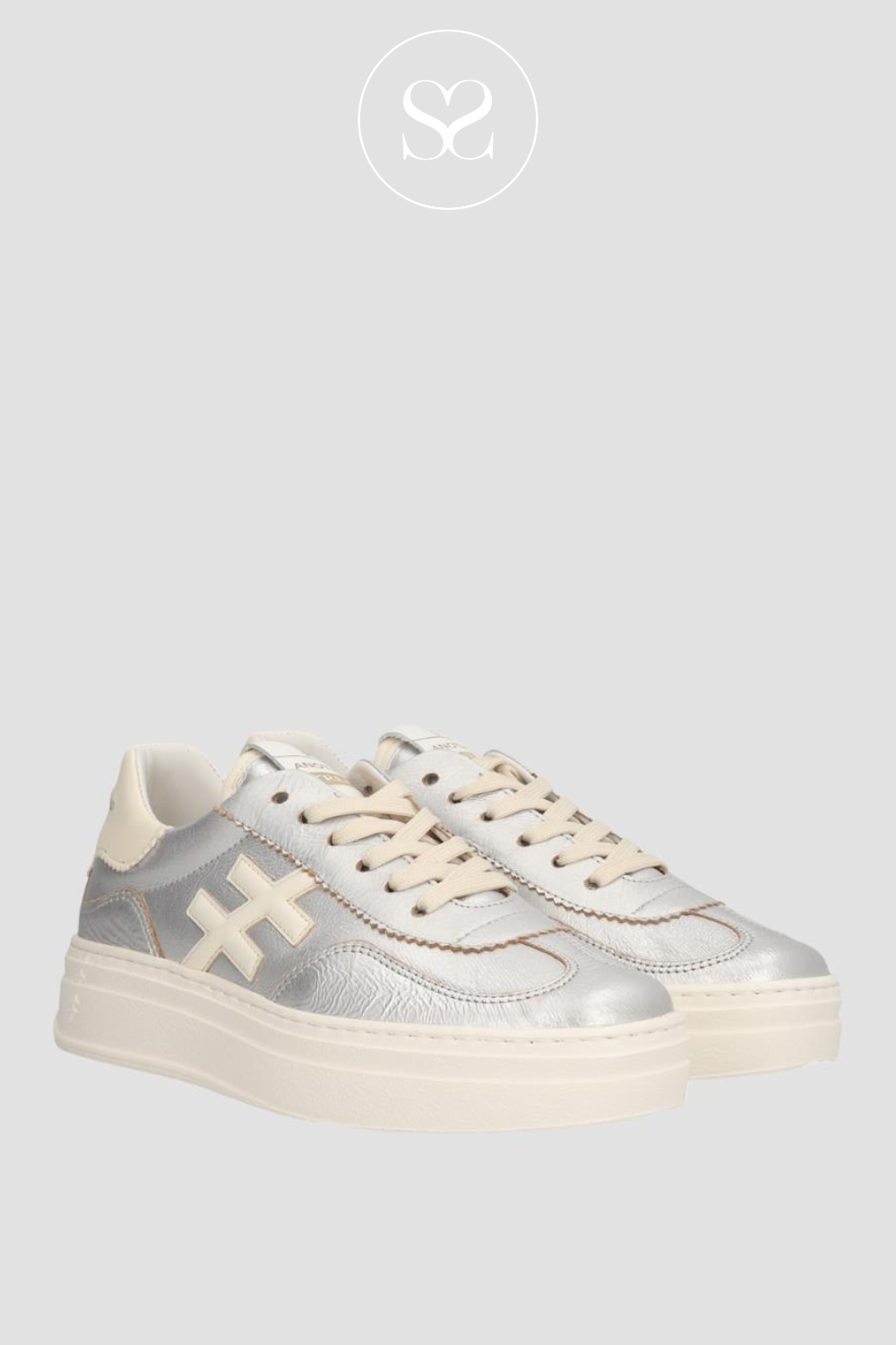 METALLIC SILVER AND OFF WHITE PLATFORM TRAINERS FOR LADIES FROM ANOTHER TREND