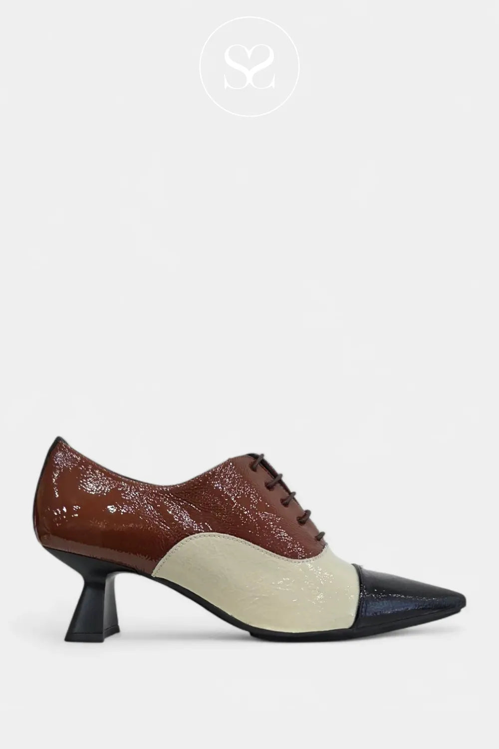 Lodi Brown, Cream & Black Patent Heeled Brogues - KAL5576