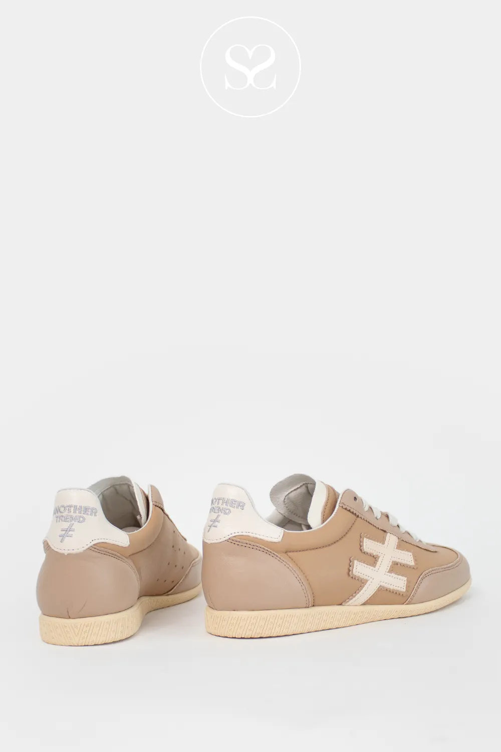 Another Trend camel leather lace up trainers. Retro style neutral sneakers with off white hashtag logo on the side.