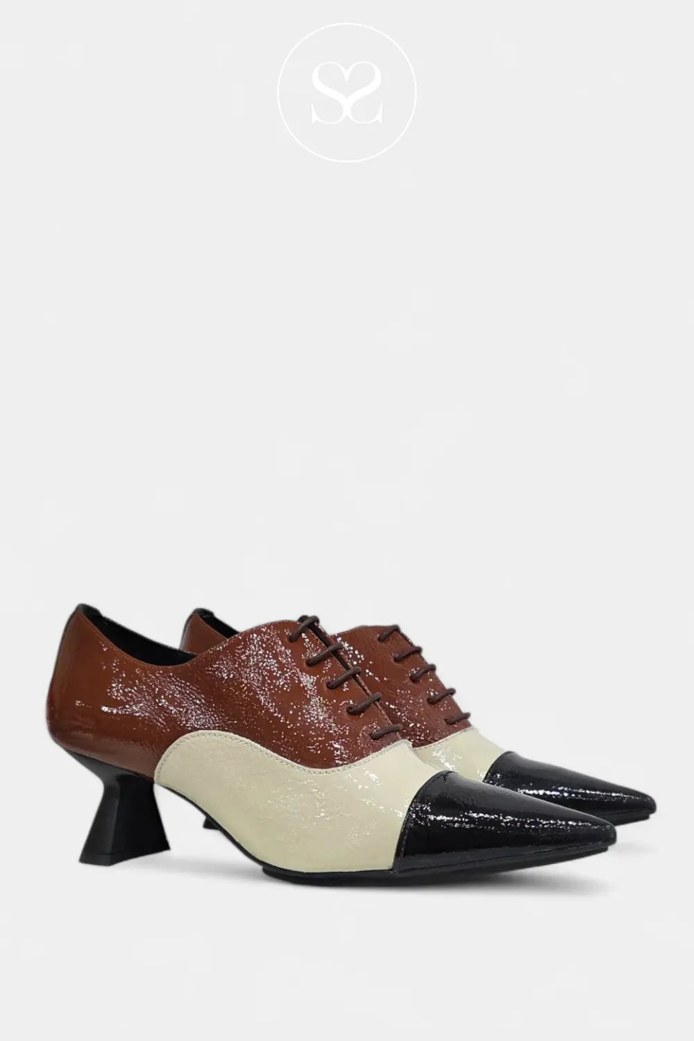 Lodi Brown, Cream & Black Patent Mid-Heel lace up shoes - KAL5576