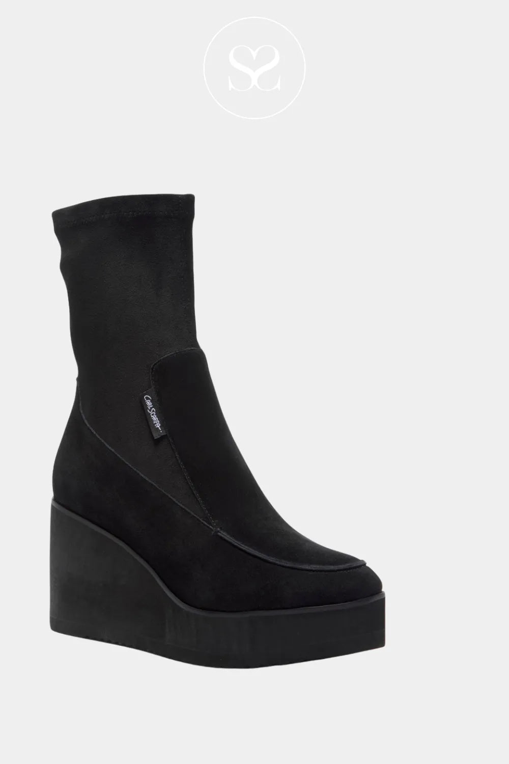 CARL SCARPA BLACK SUEDE PULL ON WEDGE SOCK BOOTS ORIGALA