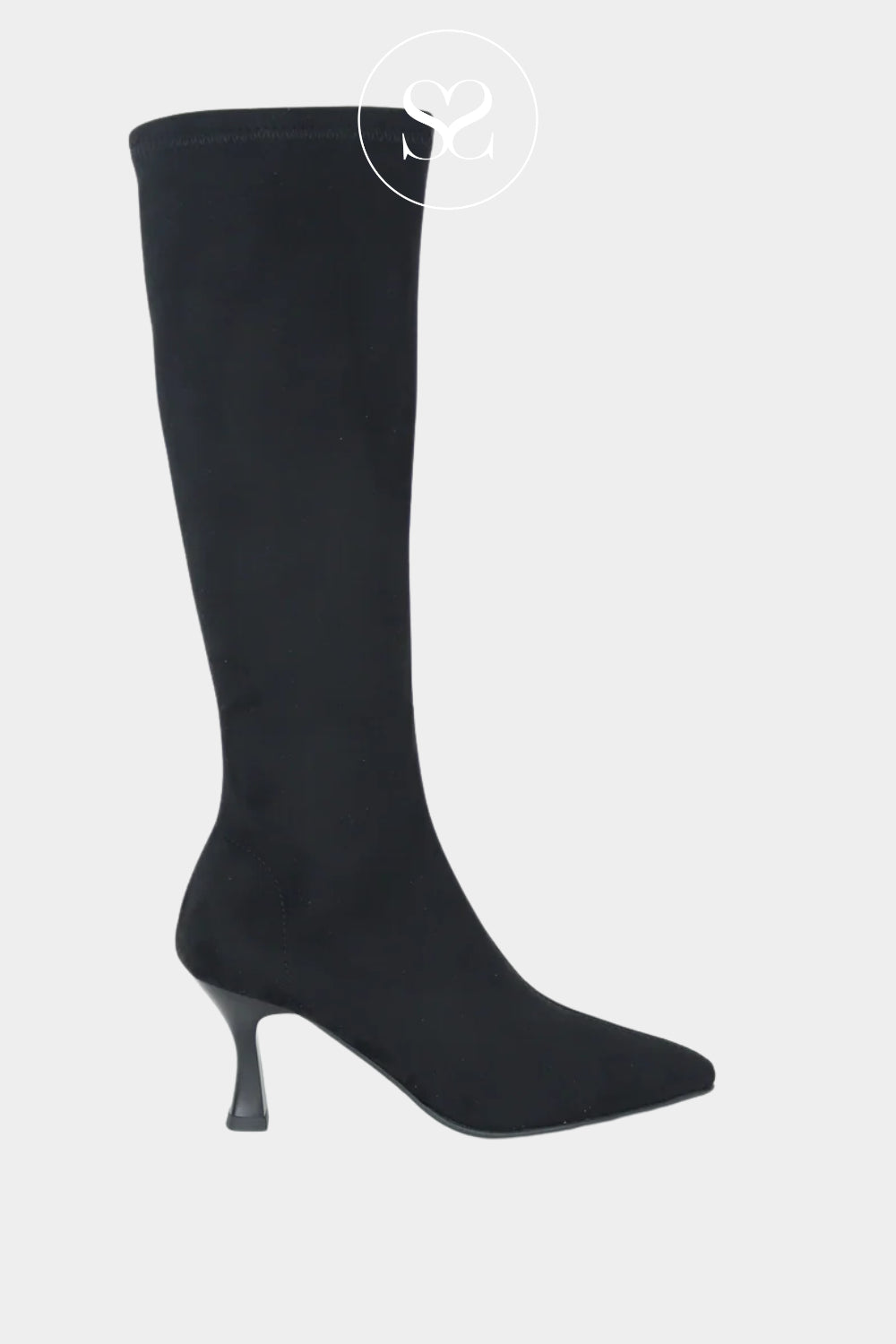 Miss Elastic Black Suede Knee High Sock Boots - 78041
