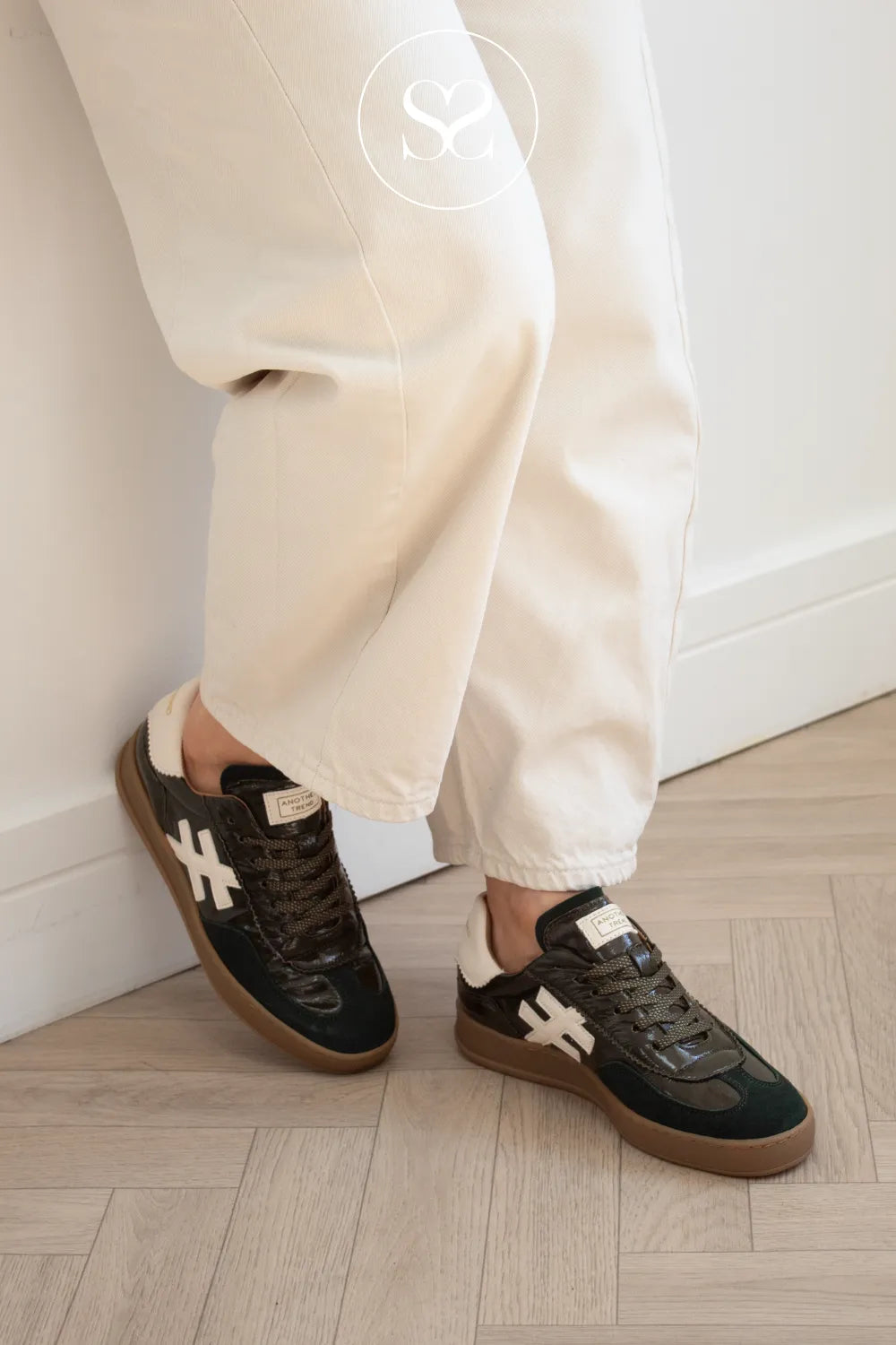Another Trend Khaki Patent Leather & Suede Trainers A032-92 IRELAND