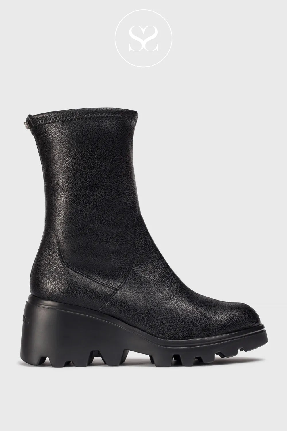 WONDERS BLACK WEDGE SOCK BOOTS G-7017 FOR WOMEN WITH CHUNKY BLOCK HEEL PLATFORM SOLE 