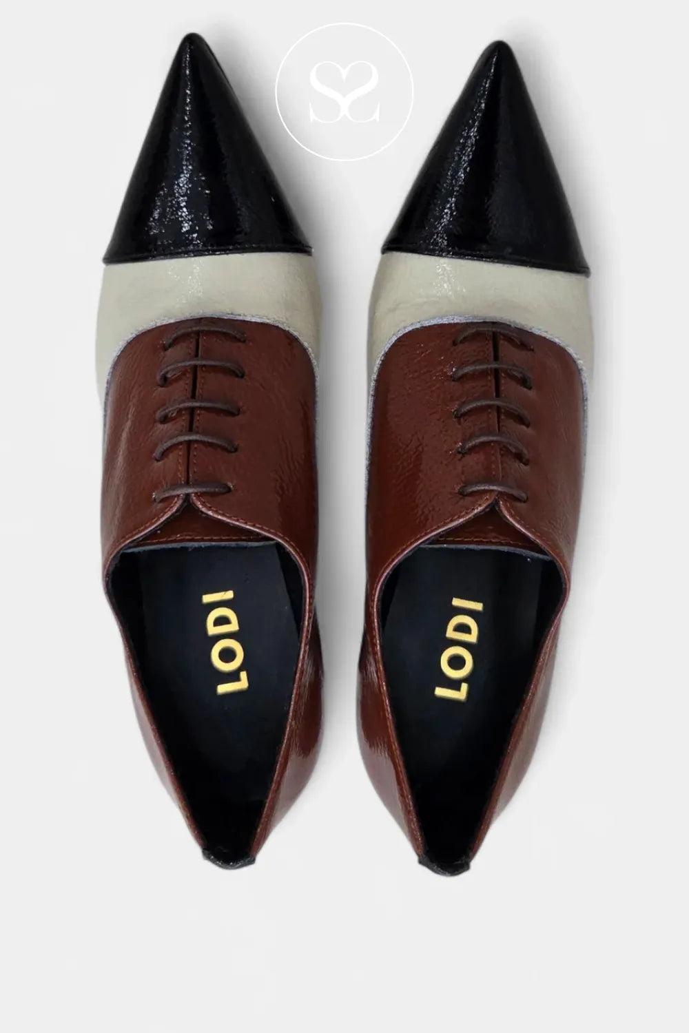 Pair of brown and black pointed-toe shoes with 'LODI' branding on a white background