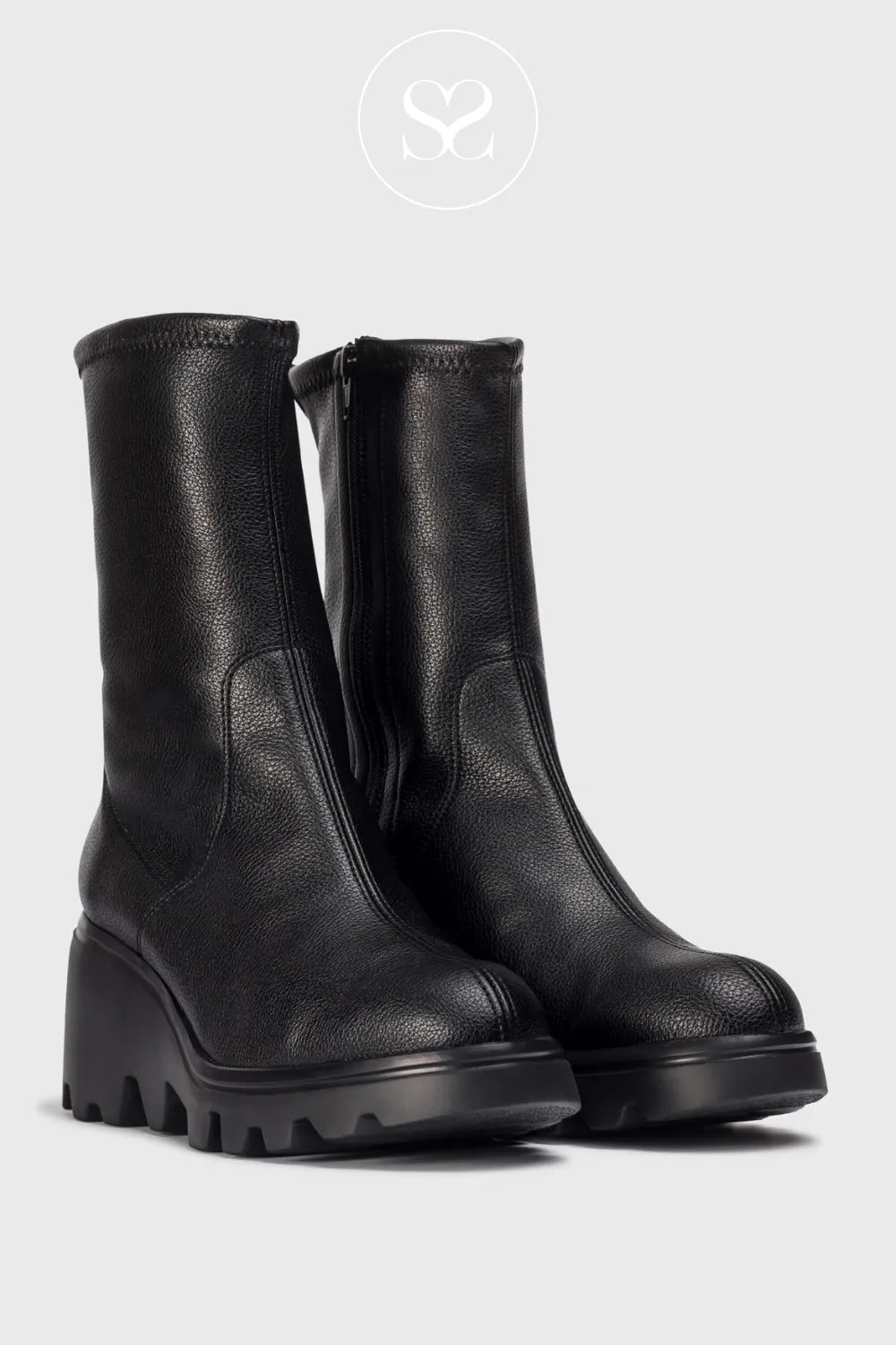 WONDERS BLACK WEDGE SOCK BOOTS G-7017 FOR WOMEN MADE WITH SOFT SPANISH LEATHER FOR ALL DAY COMFORT 