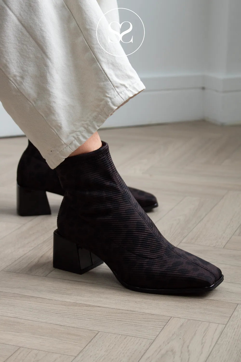 Gioseppo Black Leopard Print Square Toe Ankle Boots- 80794
