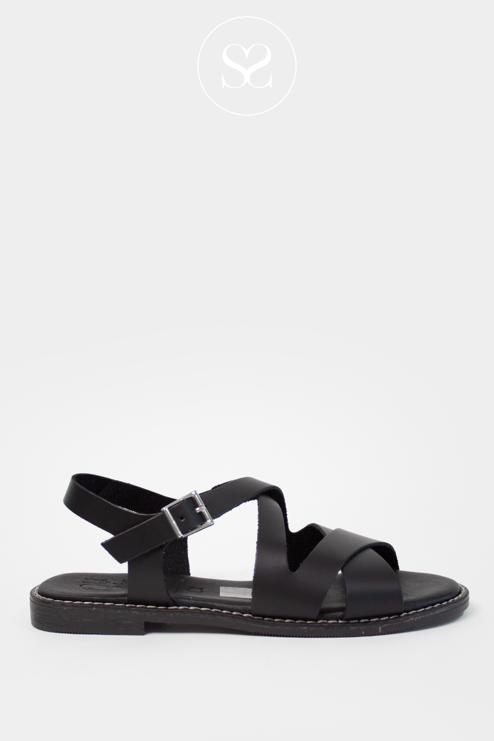 OH MY SANDALS 5572 BLACK LEATHER FLAT SANDALS