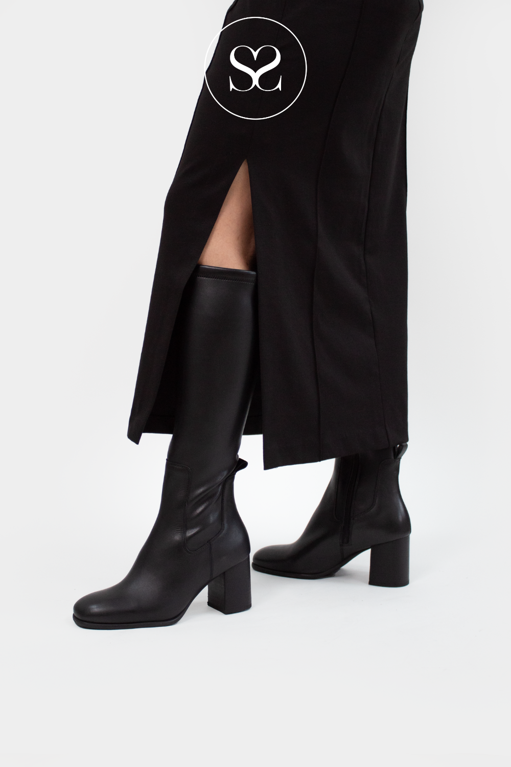 UNISA NEMIR BLACK LEATHER WESTERN STYLE BLOCK HEEL KNEE HIGH BOOTS