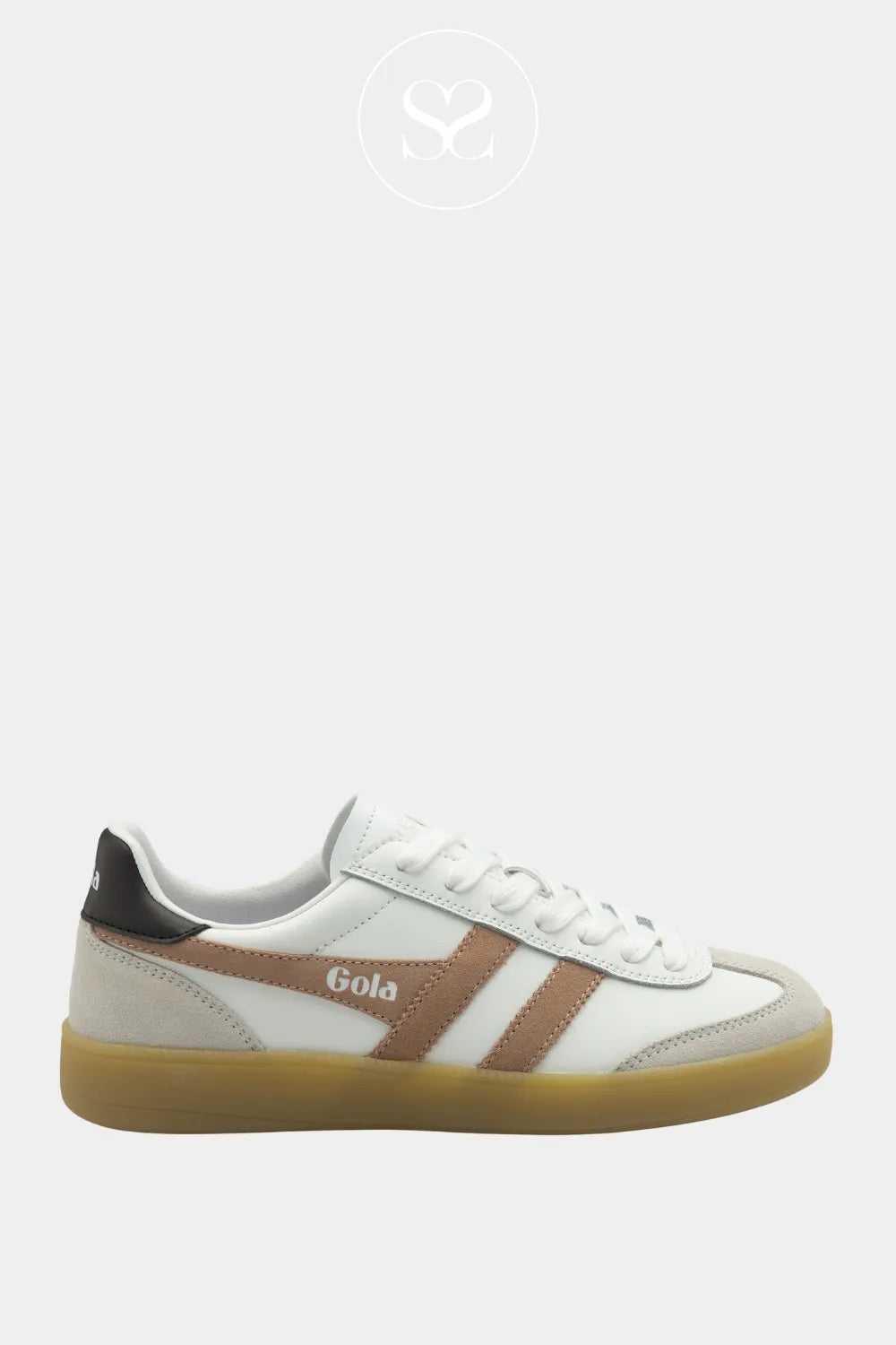 GOLA WHITE LEATHER GUM SOLE TRAINERS FOR WOMEN WITH CAMEL AND GREY SUEDE DETAIL