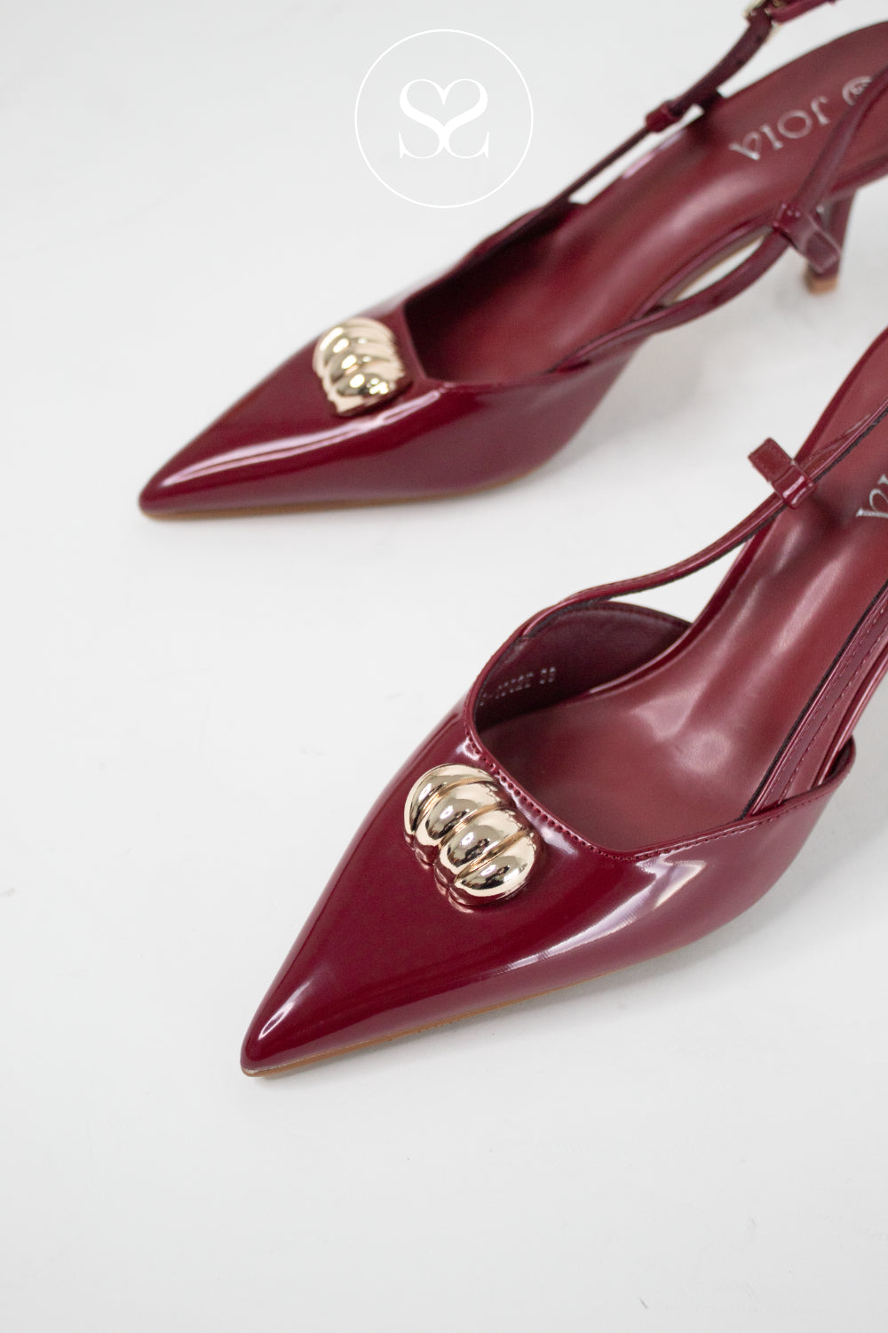 JOIA BURGUNDY PATENT PONTED TOE SLINGBACK HEEL WITH GOLD DETAIL