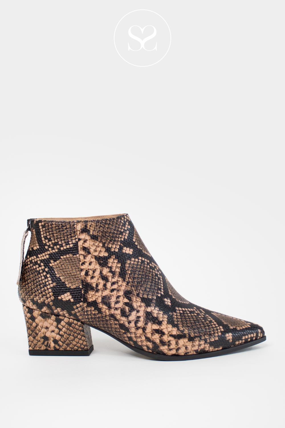 UNISA SNAKE PRINT POINTED TOE BLOCK HEEL ANKLE BOOTS JANSEN