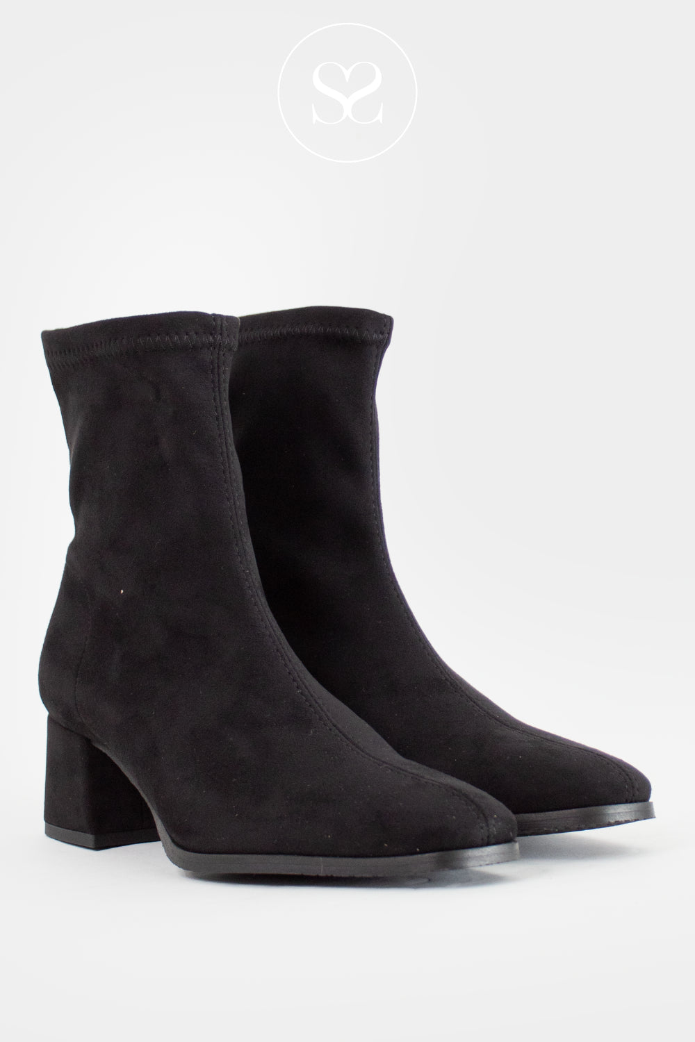 Miss Elastic Black Water Repellent  Suede Block Heel Sock Boots - 78330