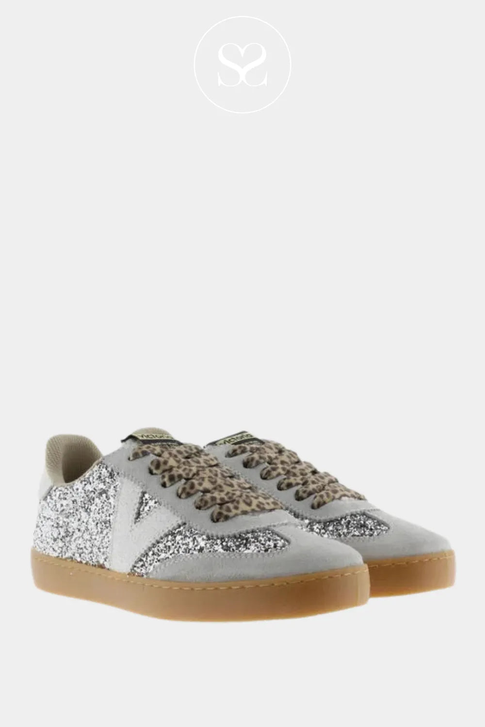 VICTORIA SILVER GLITTER TRAINERS FOR WOMEN 1126223 CASUAL SNEAKERS WITH TRENDY LEOPARD PRINT LACES