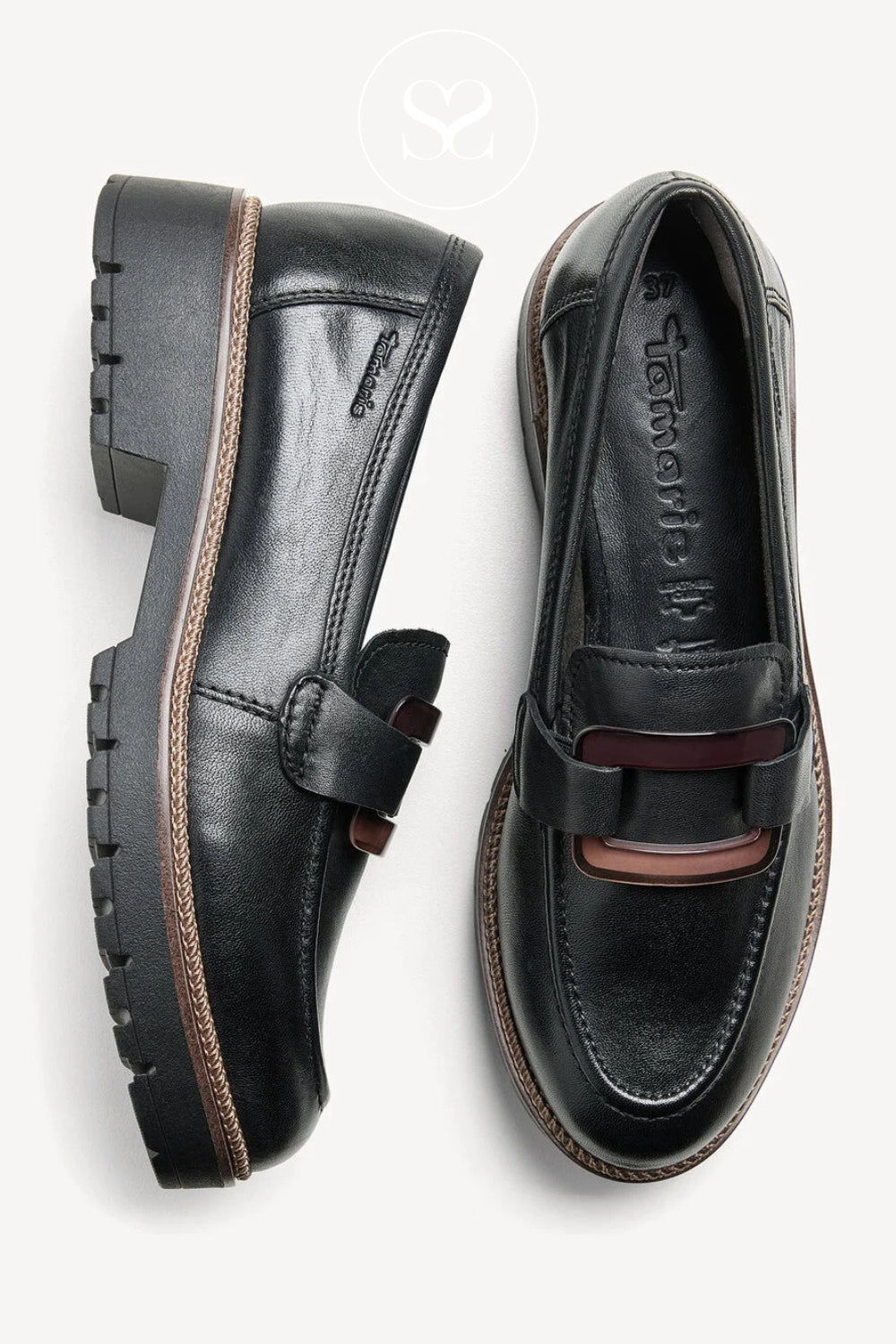 Tamaris Black Leather Chunky Loafers with a 40mm platform heel