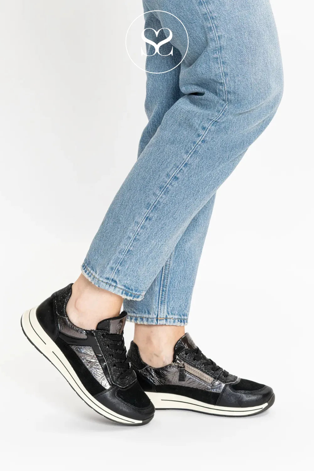 ARA BLACK LEATHER LACE UP WEDGE TRAINERS - 12-24826-01 for women with pewter and black suede detail