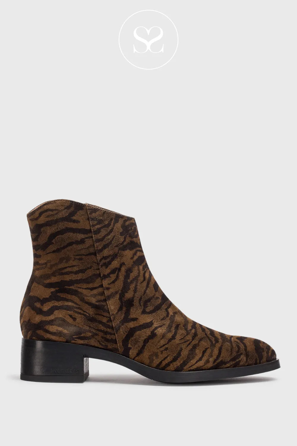 WONDERS SUEDE TAN/BLACK ZEBRA PRINT POINTED TOE ANKLE BOOTS D-1801