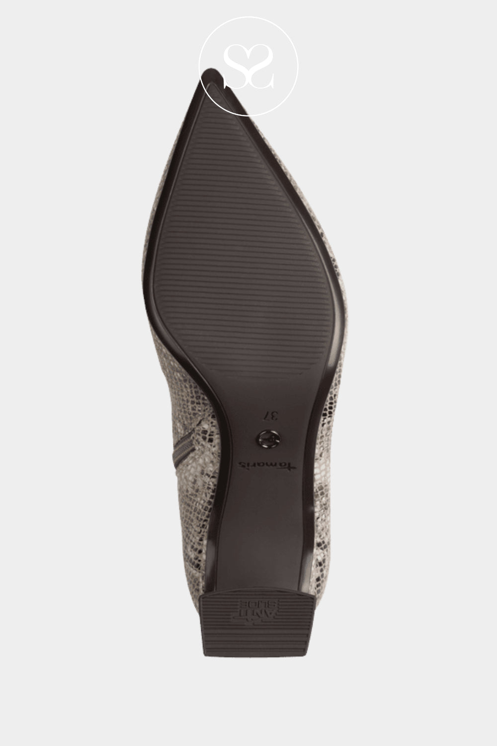 Comfortable mid heel sock boots from Tamaris in beige snake print