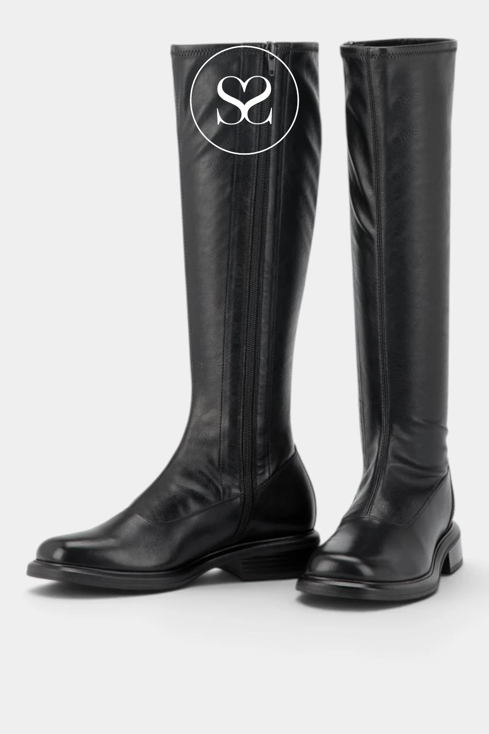 A pair of black leather knee-high riding boots shown from the side against a light gray background, featuring a vertical zipper
