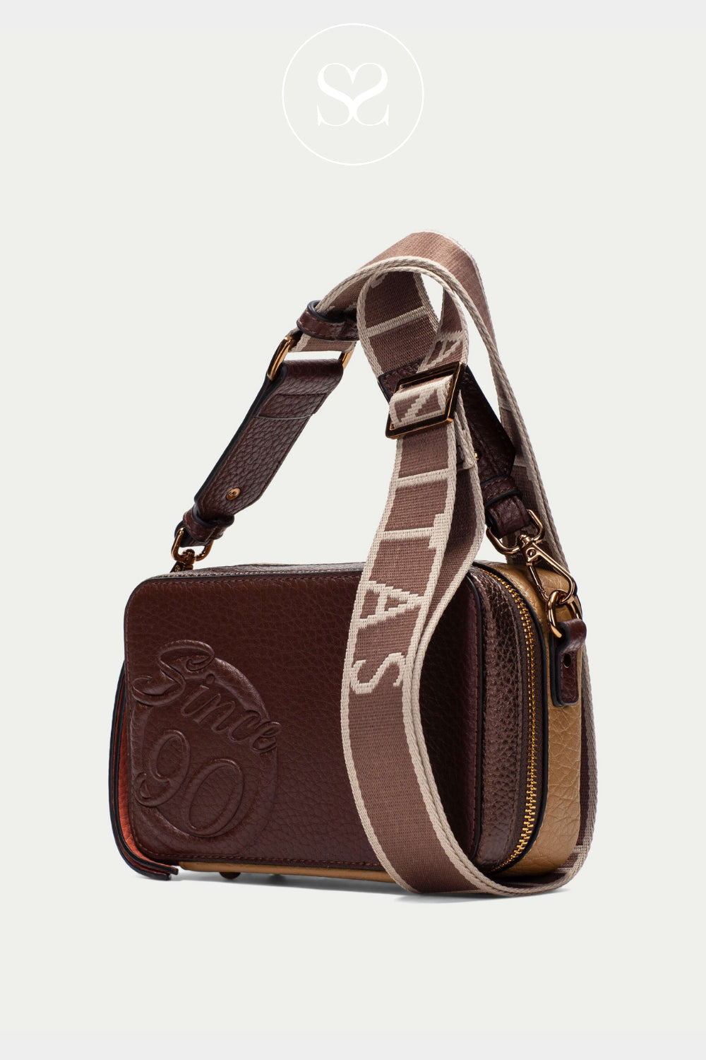 Structured brown and beige crossbody bag for women