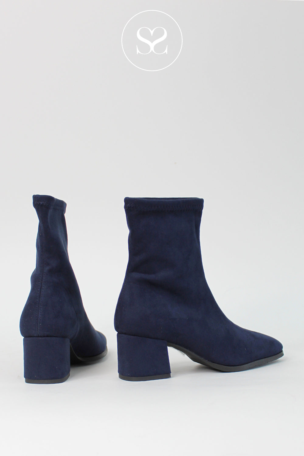 Miss Elastic Navy Suede Block Heel Sock Boots - 78330