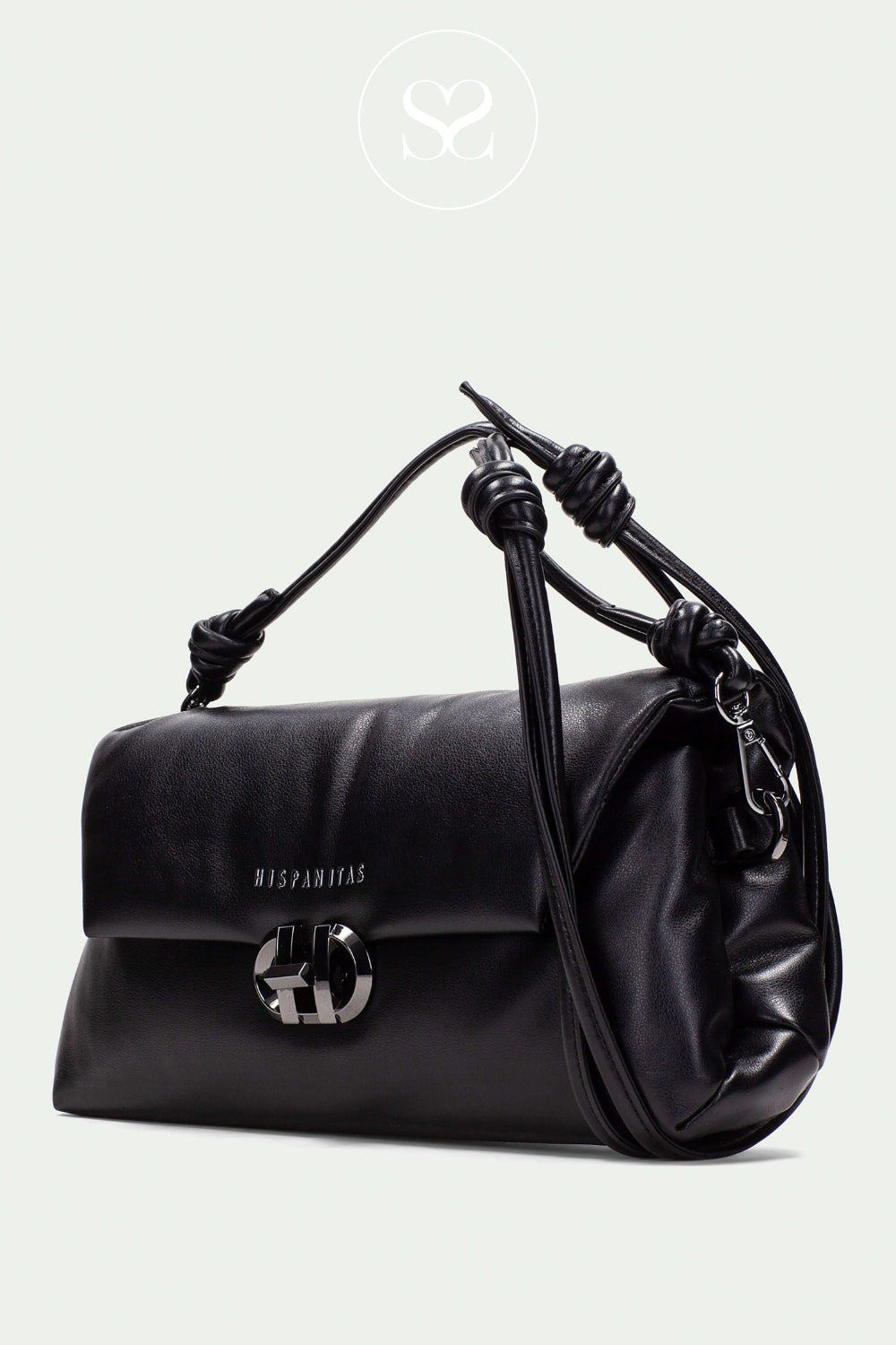 Black handbag with silver clasp and  braided handle on a white background from Hispanitas - Ireland
