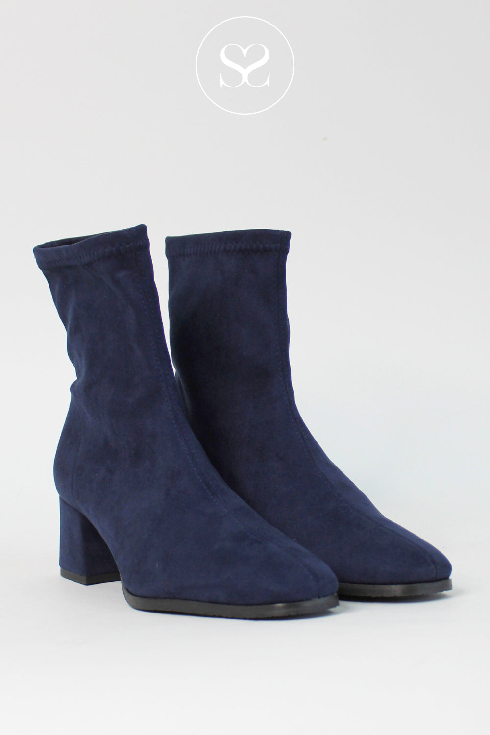 Miss Elastic Navy Suede Block Heel Sock Boots - 78330 Ireland