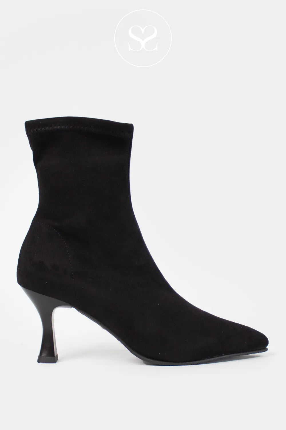 MISS ELASTIC BLACK FAUX SUEDE POINTED TOE PULL ON SOCK BOOTS 78042