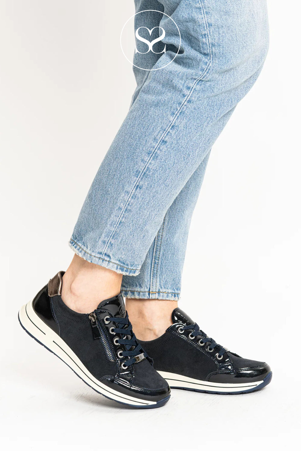 ARA NAVY LEATHER FLATFORM SNEAKERS FOR WOMEN